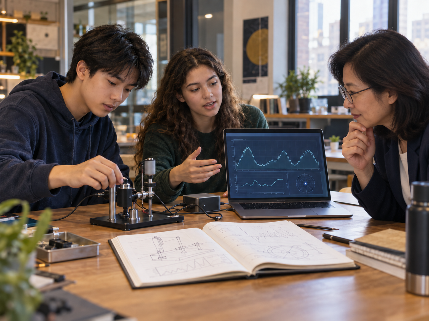 Students and a professor mentor discussing an experiment and its data