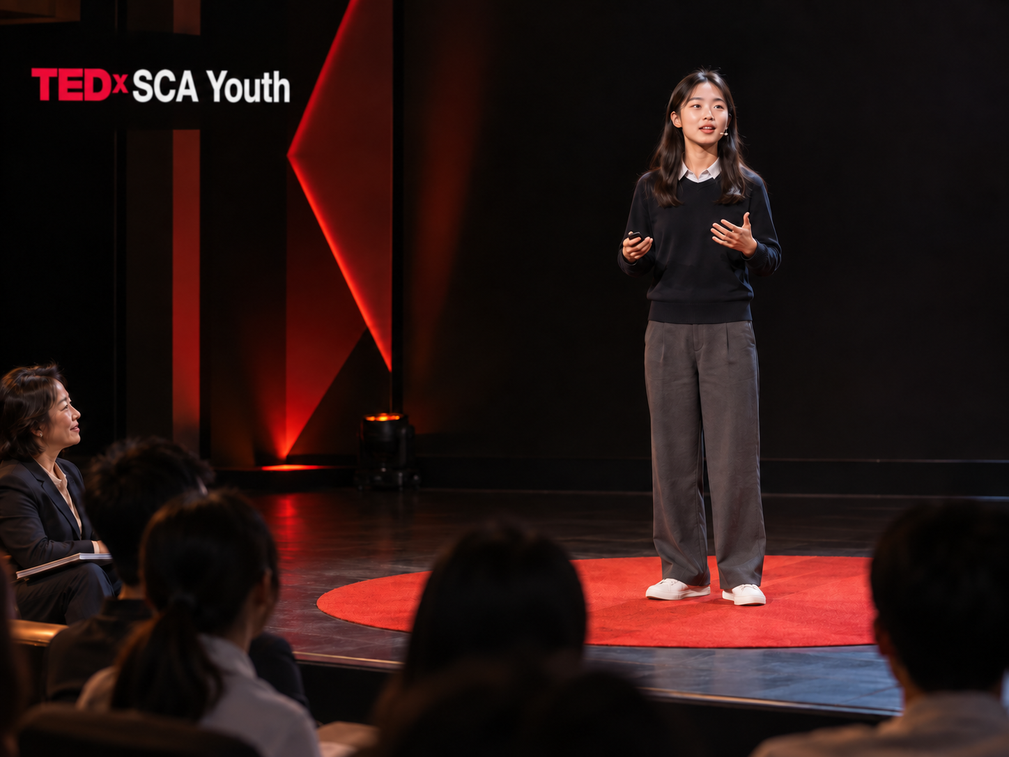 A representative scene of a student delivering an idea-centered youth talk on stage